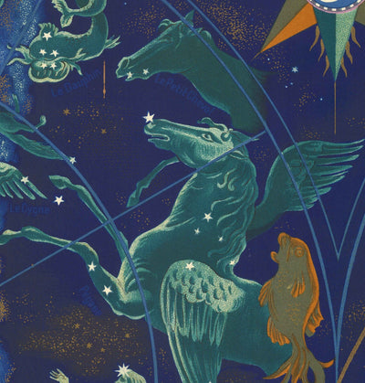 Old Air France Celestial & Zodiac World Map, 1959 by Bucher - Historical Airplane Route Chart, Constellations