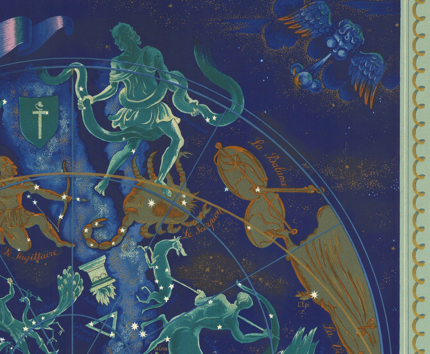 Old Air France Celestial & Zodiac World Map, 1959 by Bucher - Historical Airplane Route Chart, Constellations