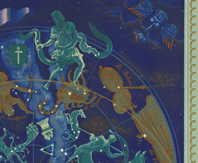 Old Air France Celestial & Zodiac World Map, 1959 by Bucher - Historical Airplane Route Chart, Constellations