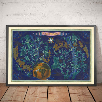 Old Air France Celestial & Zodiac World Map, 1959 by Bucher - Historical Airplane Route Chart, Constellations