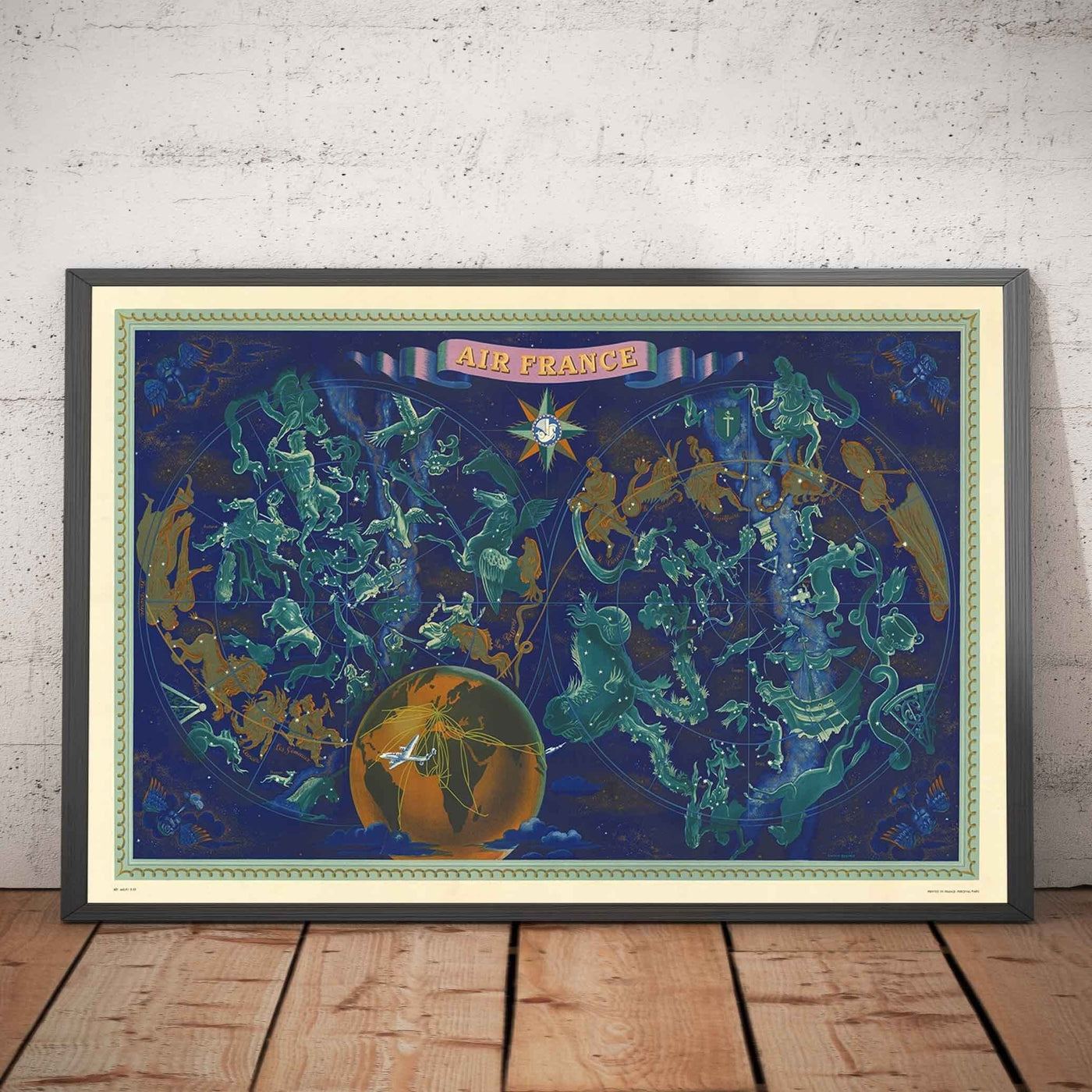 Old Air France Celestial & Zodiac World Map, 1959 by Bucher - Historical Airplane Route Chart, Constellations