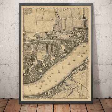 Mappa antica di John Rocque Londra, 1746, G2 - Wapping, Shadwell, Rotherhithe, Tamigi, Tower Hamlets, E1W, Southwark 