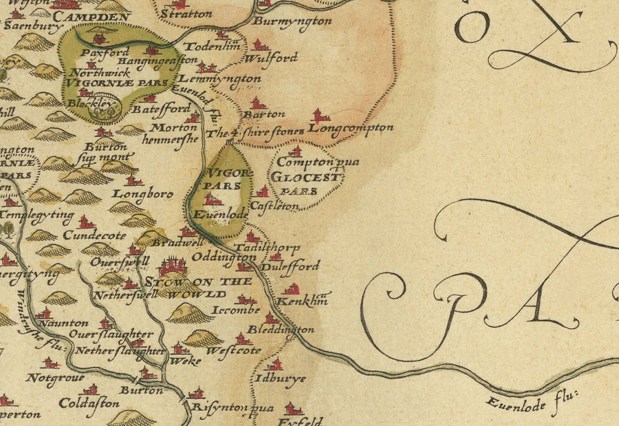 Rara Mappa Antica del Gloucestershire, 1575 di Saxton - Bristol, Cheltenham, Cotswolds, Tewkesbury, Cirencester, Stroud 