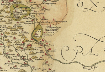 Raro mapa antiguo de Gloucestershire, 1575 por Saxton - Bristol, Cheltenham, Cotswolds, Tewkesbury, Cirencester, Stroud