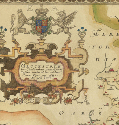 Raro mapa antiguo de Gloucestershire, 1575 por Saxton - Bristol, Cheltenham, Cotswolds, Tewkesbury, Cirencester, Stroud