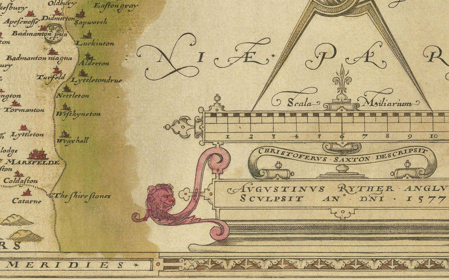 Rara Mappa Antica del Gloucestershire, 1575 di Saxton - Bristol, Cheltenham, Cotswolds, Tewkesbury, Cirencester, Stroud 