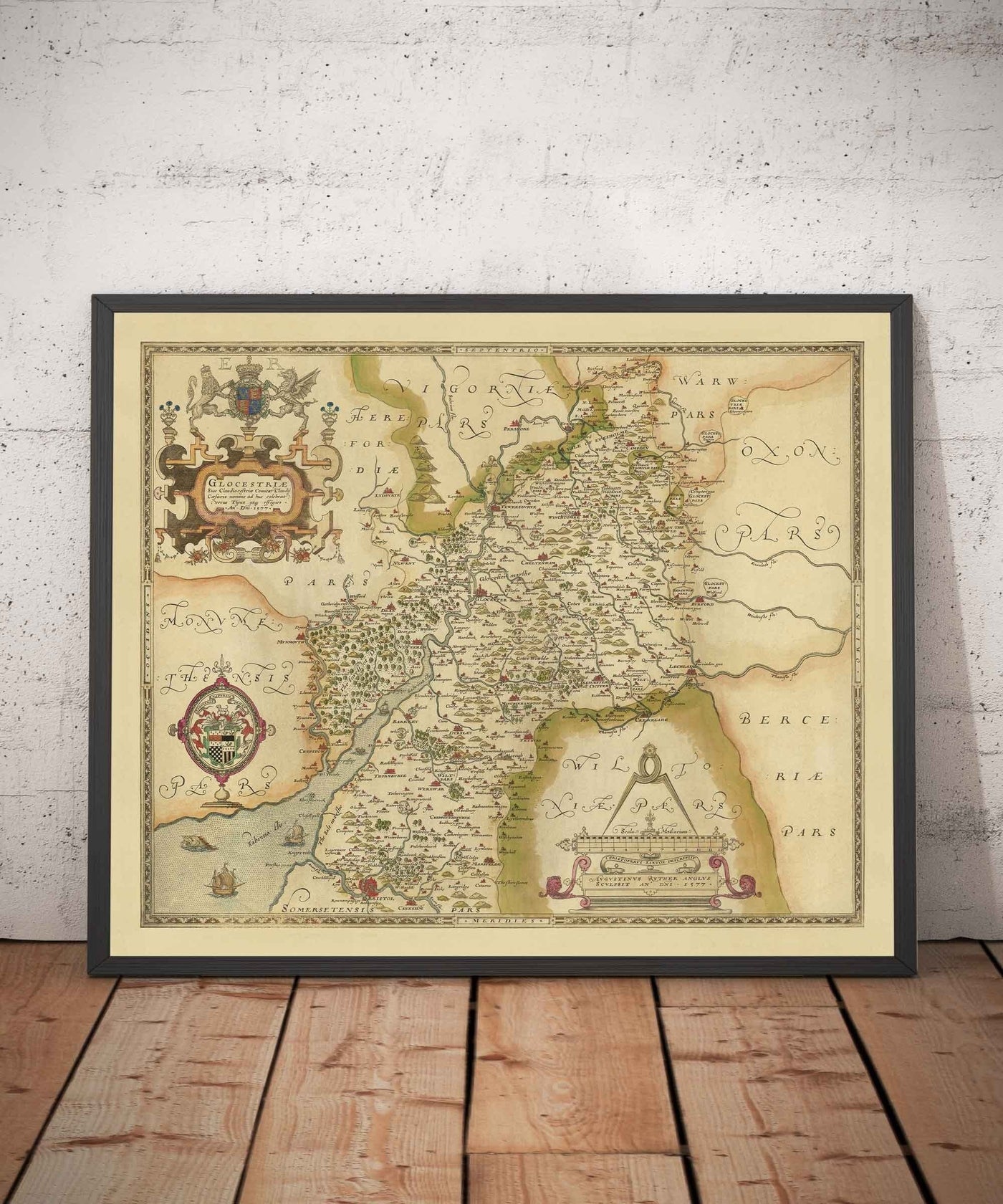 Raro mapa antiguo de Gloucestershire, 1575 por Saxton - Bristol, Cheltenham, Cotswolds, Tewkesbury, Cirencester, Stroud