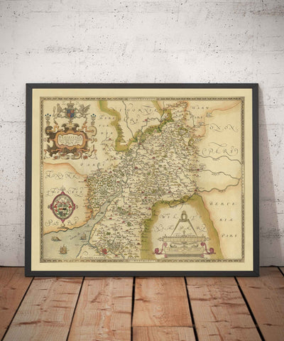 Raro mapa antiguo de Gloucestershire, 1575 por Saxton - Bristol, Cheltenham, Cotswolds, Tewkesbury, Cirencester, Stroud
