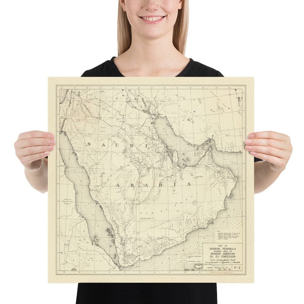 Alte Aramco-Karte, 1953 - Erste Karte der Arabischen Amerikanischen Ölgesellschaft - Saudi-Arabien, Pipelines, Förderung, Dubai, Riad 