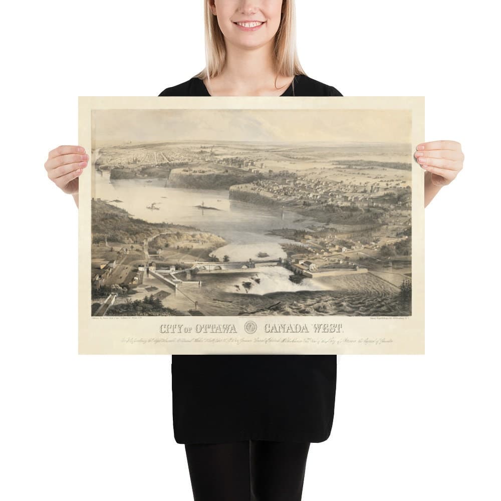 Mapa antiguo de Ottawa, 1859 por Laver & Stent - Capital del Canadá colonial - Hull Quebec, Centro, Bytown, Byward Market