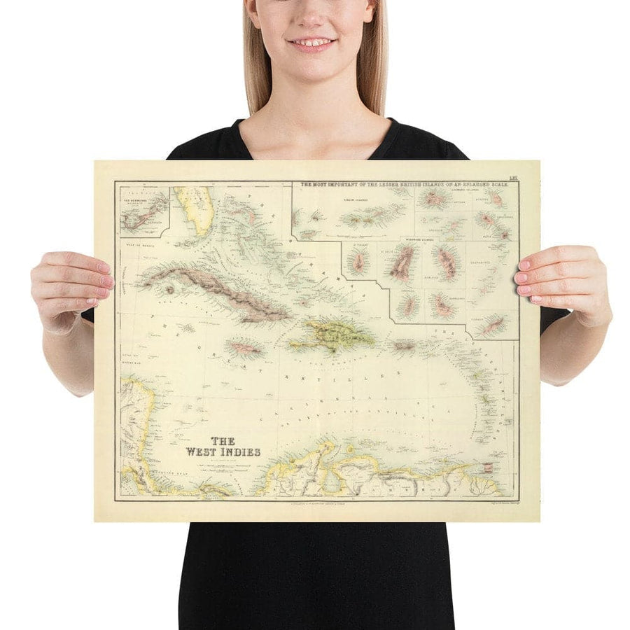 Vecchia mappa delle Indie Occidentali, 1872 di Fullarton - Bermuda, Cuba, Haiti, Porto Rico, Giamaica, Bahamas, Antille, Mare dei Caraibi coloniale 