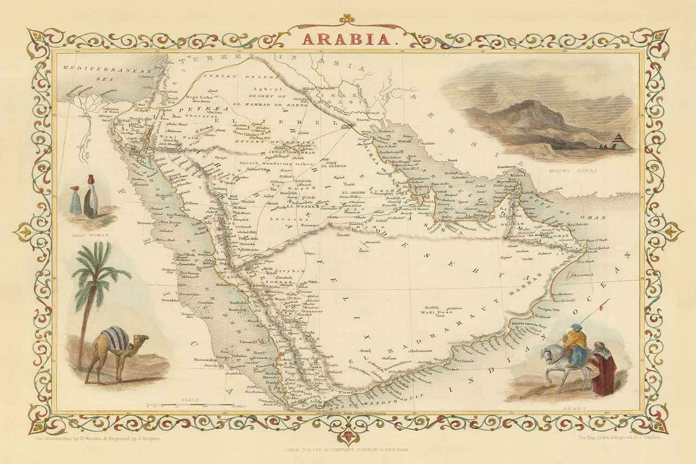 Ancienne carte d'Arabie, 1851 par Tallis & Rapkin - Arabie Saoudite, Jordanie, Oman, Yémen, Mer Rouge, Dubaï, Golfe Persique, Moyen-Orient