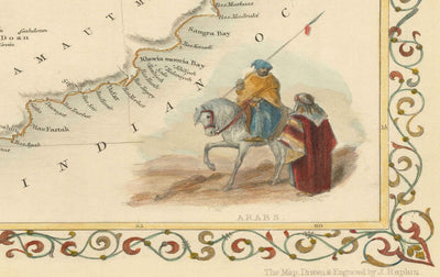 Ancienne carte d'Arabie, 1851 par Tallis & Rapkin - Arabie Saoudite, Jordanie, Oman, Yémen, Mer Rouge, Dubaï, Golfe Persique, Moyen-Orient