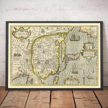 Alte Karte von China, 1606 von Jodocus Hondius - Korea, Japan, Große Mauer, Südostasien, Orient, seltsame Meeresmonster 