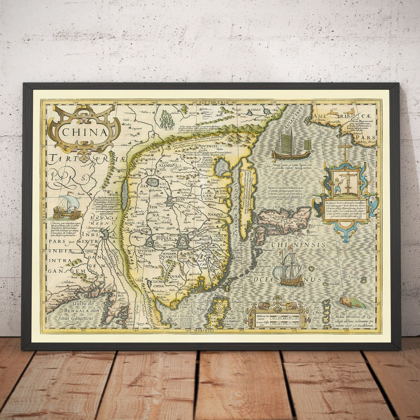 Old Map of China, 1606 by Jodocus Hondius - Korea, Japan, Great Wall, South East Asia, Orient, Weird Sea Monsters