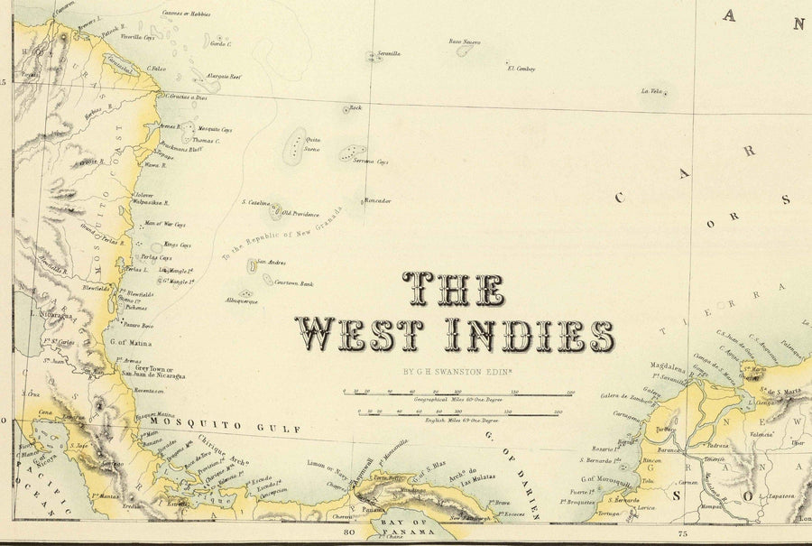 Vecchia mappa delle Indie Occidentali, 1872 di Fullarton - Bermuda, Cuba, Haiti, Porto Rico, Giamaica, Bahamas, Antille, Mare dei Caraibi coloniale 