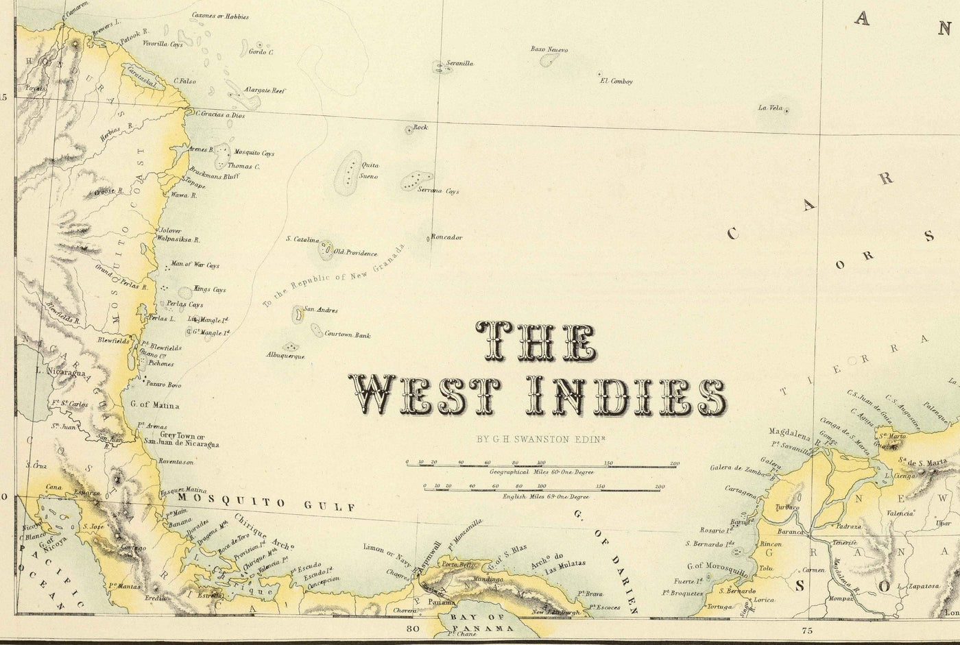 Mapa antiguo de las Indias Occidentales, 1872 por Fullarton - Bermudas, Cuba, Haití, Puerto Rico, Jamaica, Bahamas, Antillas, Mar Caribe Colonial