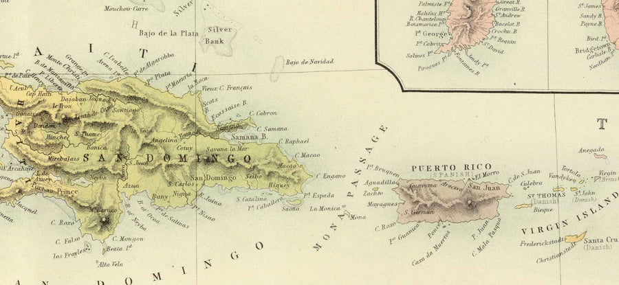 Vecchia mappa delle Indie Occidentali, 1872 di Fullarton - Bermuda, Cuba, Haiti, Porto Rico, Giamaica, Bahamas, Antille, Mare dei Caraibi coloniale 