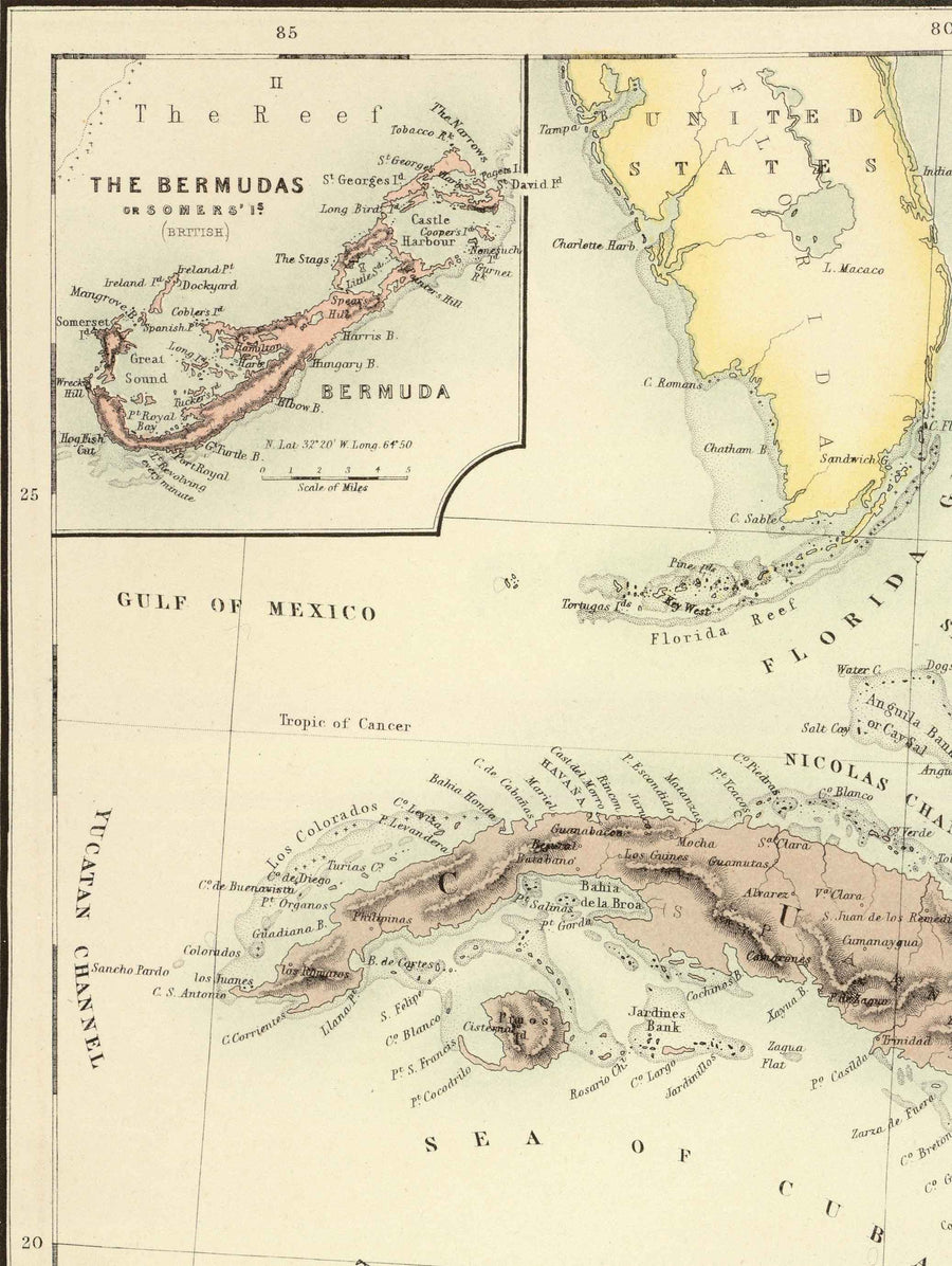 Vecchia mappa delle Indie Occidentali, 1872 di Fullarton - Bermuda, Cuba, Haiti, Porto Rico, Giamaica, Bahamas, Antille, Mare dei Caraibi coloniale 