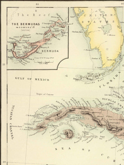 Mapa antiguo de las Indias Occidentales, 1872 por Fullarton - Bermudas, Cuba, Haití, Puerto Rico, Jamaica, Bahamas, Antillas, Mar Caribe Colonial