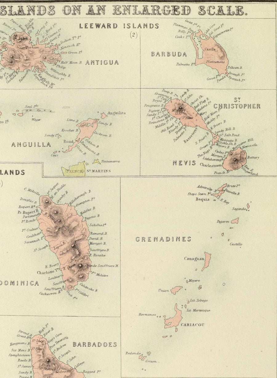 Vecchia mappa delle Indie Occidentali, 1872 di Fullarton - Bermuda, Cuba, Haiti, Porto Rico, Giamaica, Bahamas, Antille, Mare dei Caraibi coloniale 