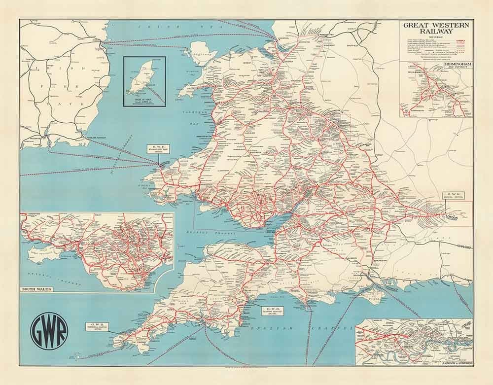 Antiguo mapa del Great Western Railway, 1950 - Recortes previos a Beeching GWR - Líneas principales, Gales del Sur, West Country, Paddington