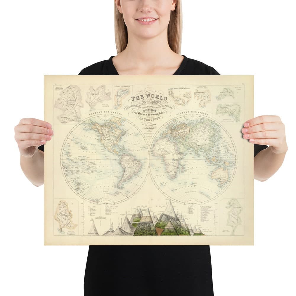 Old World Map, 1872 by Fullarton - Victorian Double Hemisphere Projection Atlas, Rivers, Mountains (No Everest!)