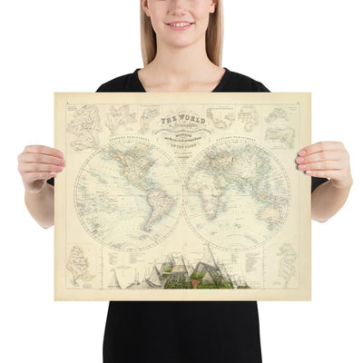 Old World Map, 1872 by Fullarton - Victorian Double Hemisphere Projection Atlas, Rivers, Mountains (No Everest!)