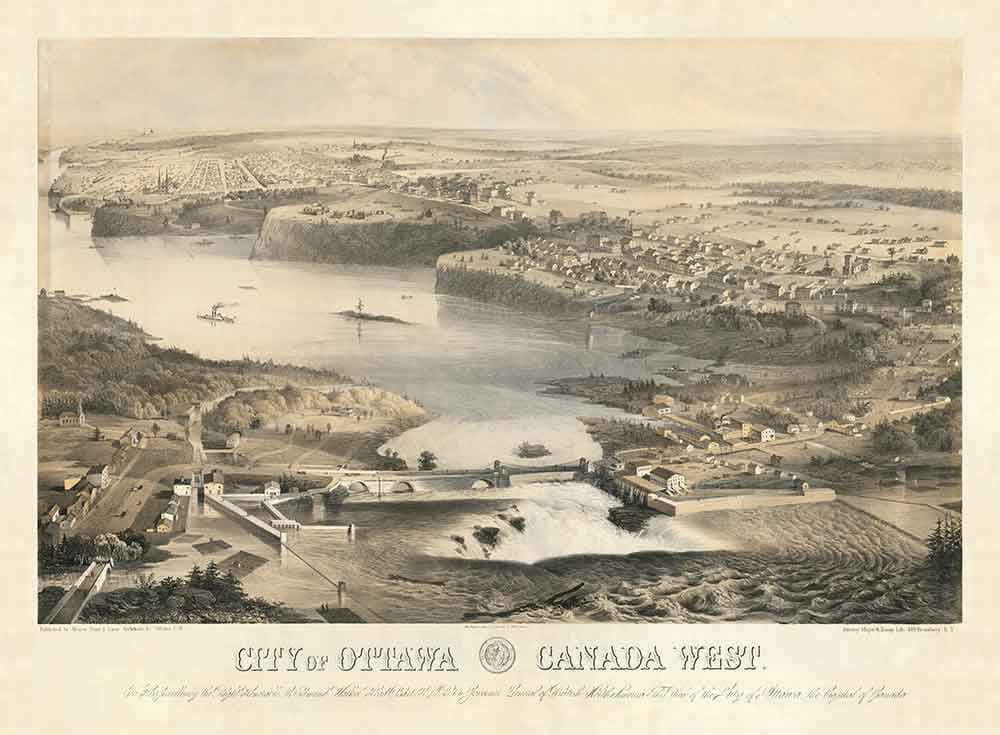 Mapa antiguo de Ottawa, 1859 por Laver & Stent - Capital del Canadá colonial - Hull Quebec, Centro, Bytown, Byward Market