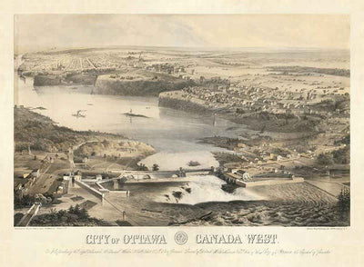 Mapa antiguo de Ottawa, 1859 por Laver & Stent - Capital del Canadá colonial - Hull Quebec, Centro, Bytown, Byward Market