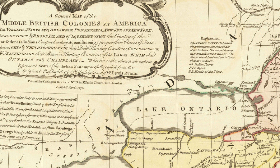 Mappa antica delle colonie britanniche in America 1755 di Evans & Bowles - Insediamenti europei e nativi, USA pre-indipendenza 