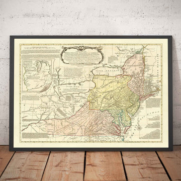 Mappa antica delle colonie britanniche in America 1755 di Evans & Bowles - Insediamenti europei e nativi, USA pre-indipendenza 