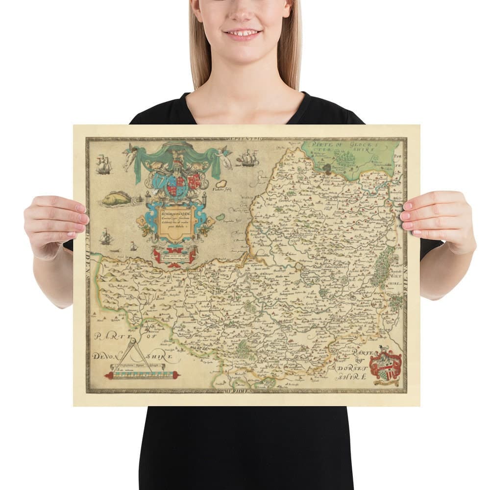 Rare Old Map of Somerset, 1575 by Saxton - Bath, Bristol, West Country, Mendips, Weston-super-Mare