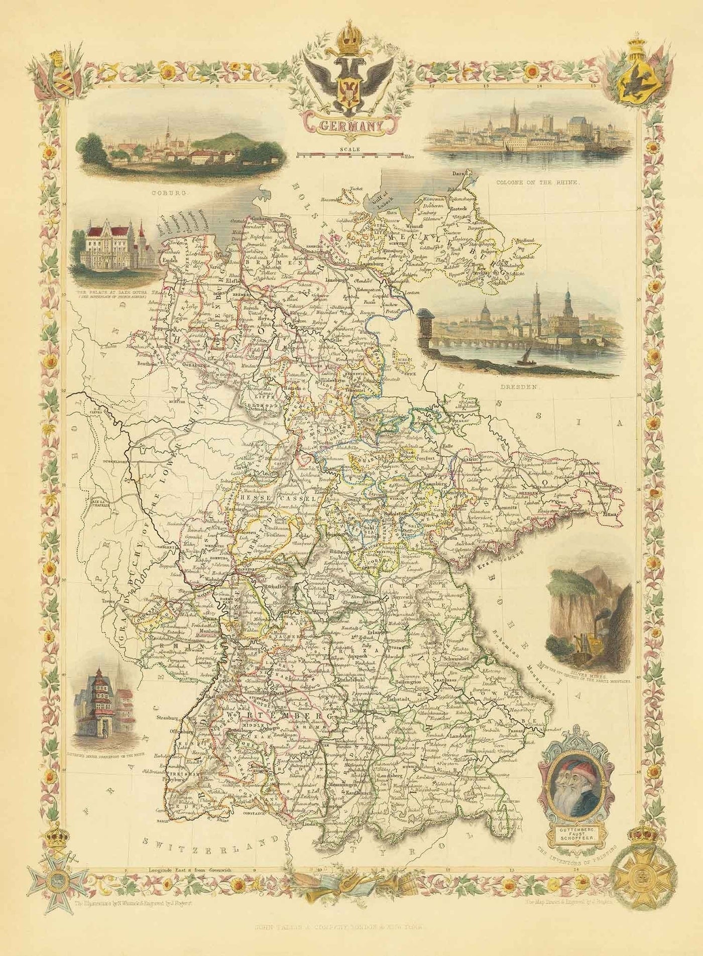 Old Map of Germany, 1851 - Pre-Unification, Pre-Reich Deutschland, Holy Roman Empire, States, Duchies