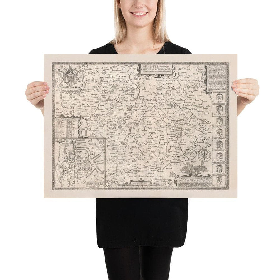 Old monochrome Carte of Leicestershire, 1611 par John Speed ​​- Leicester, Loughborough, Hinckley, Wigston, Melton Mowbray