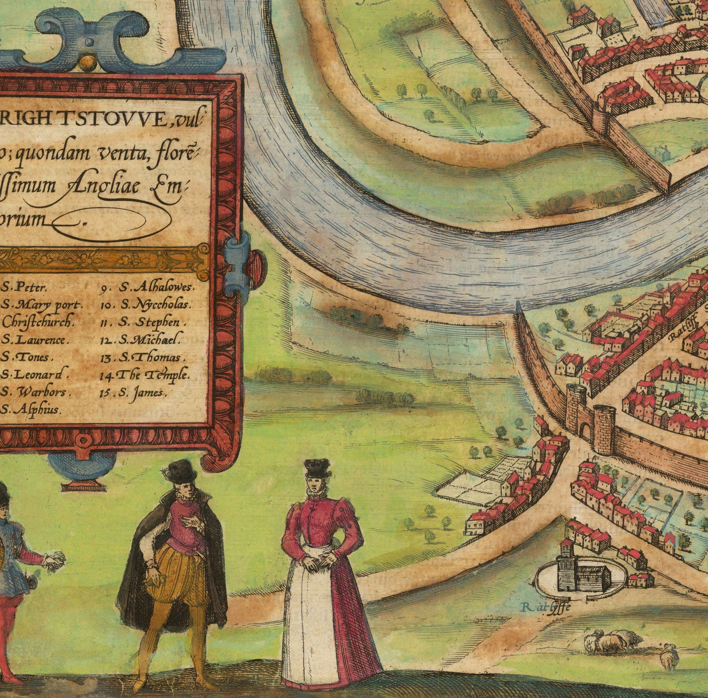 Old Map of Bristol, 1588 by Braun - Brightstowe, Avon, St Nicholas, Newgate, Coat of Arms