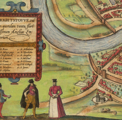 Old Map of Bristol, 1588 by Braun - Brightstowe, Avon, St Nicholas, Newgate, Coat of Arms