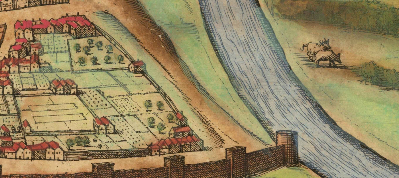 Old Map of Bristol, 1588 by Braun - Brightstowe, Avon, St Nicholas, Newgate, Coat of Arms