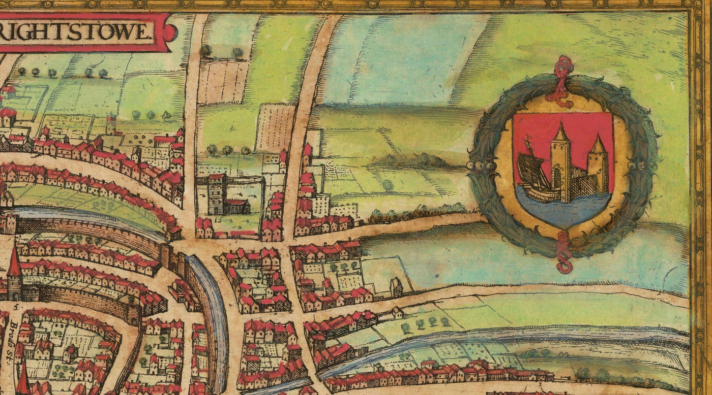 Old Map of Bristol, 1588 by Braun - Brightstowe, Avon, St Nicholas, Newgate, Coat of Arms