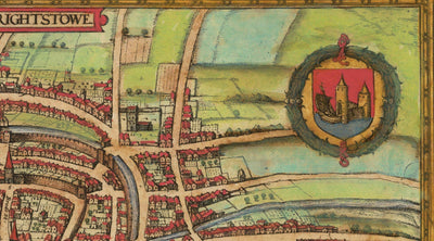 Old Map of Bristol, 1588 by Braun - Brightstowe, Avon, St Nicholas, Newgate, Coat of Arms