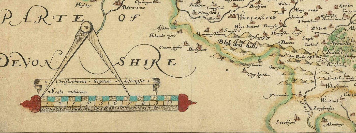 Rare Old Map of Somerset, 1575 by Saxton - Bath, Bristol, West Country, Mendips, Weston-super-Mare