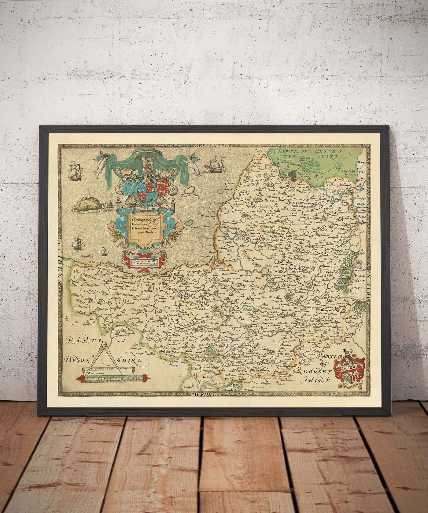 Rare Old Map of Somerset, 1575 by Saxton - Bath, Bristol, West Country, Mendips, Weston-super-Mare