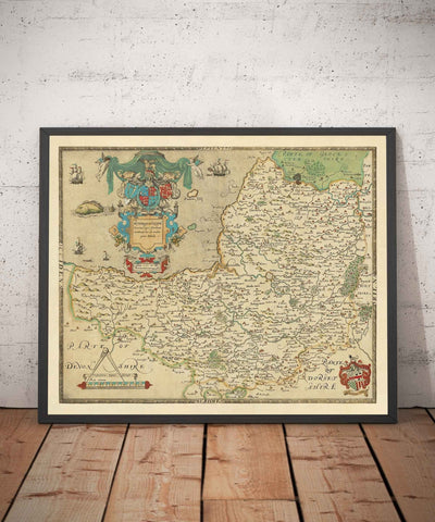 Rare Old Map of Somerset, 1575 by Saxton - Bath, Bristol, West Country, Mendips, Weston-super-Mare