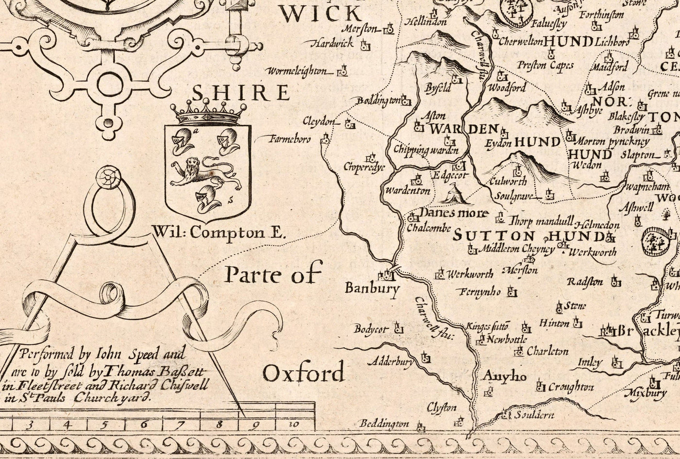 Old monochrome Carte of Northamptonshire, 1611 par John Speed ​​- Northampton, Kettering, Peterborough, Corby, Stamford, Brackley