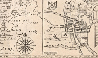 Old monochrome Carte of Northamptonshire, 1611 par John Speed ​​- Northampton, Kettering, Peterborough, Corby, Stamford, Brackley