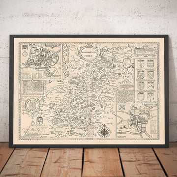 Old Monochrome Map of Northamptonshire, 1611 by John Speed - Northampton, Kettering, Peterborough, Corby, Stamford, Brackley