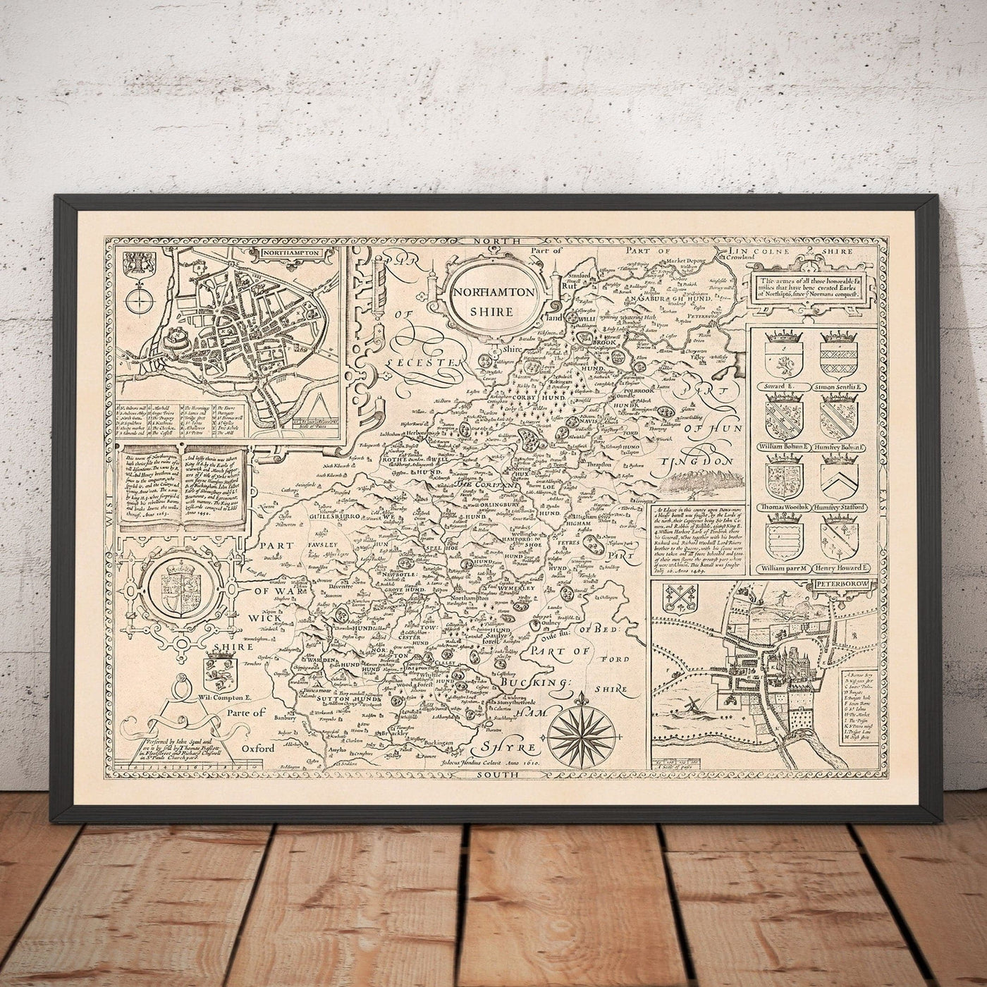 Old monochrome Carte of Northamptonshire, 1611 par John Speed ​​- Northampton, Kettering, Peterborough, Corby, Stamford, Brackley