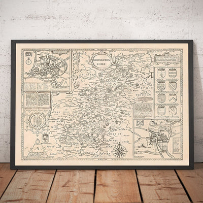 Old monochrome Carte of Northamptonshire, 1611 par John Speed ​​- Northampton, Kettering, Peterborough, Corby, Stamford, Brackley
