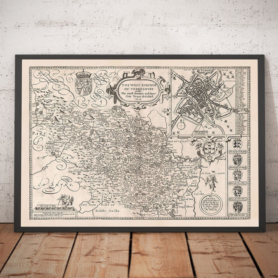 Old Monochrome Map of West Yorkshire, 1611 par John Speed ​​- York, Bradford, Sheffield, Leeds, Huddersfield, Harrogate, Skipton
