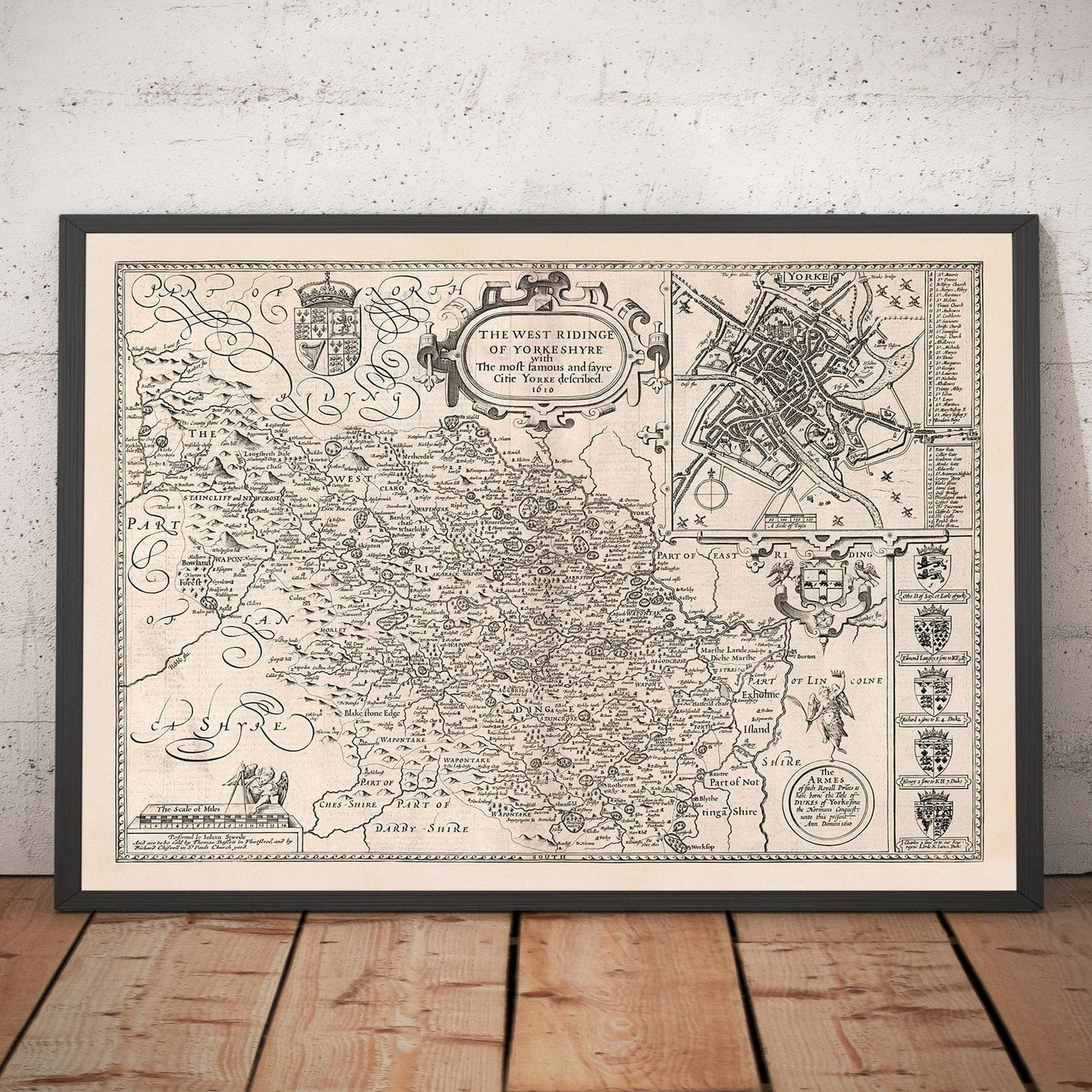 Alte monochrome Karte von West Yorkshire, 1611 von John Speed - York, Bradford, Sheffield, Leeds, Huddersfield, Harrogate, Skipton 